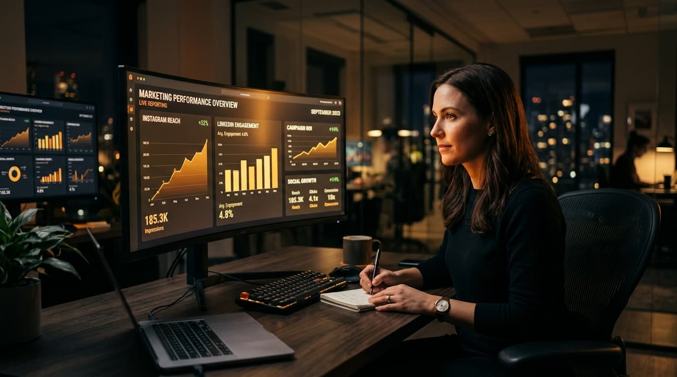 Performance Reports – social media analytics dashboard with Instagram, LinkedIn and campaign ROI charts